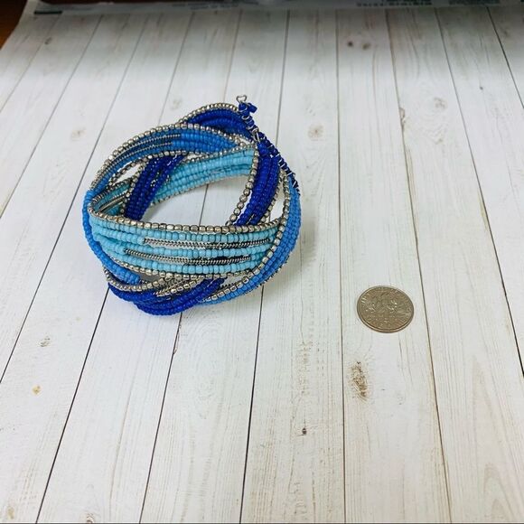 Blue and Silver Beaded Cuff Bracelet - Picture 1 of 2